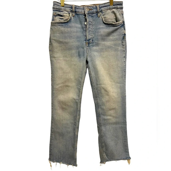 ZARA straight legs ripped hem bottoms closure back pockets blue distress size 8 - Picture 1 of 6